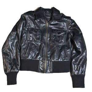 Superior NY Womens Genuine Leather Bomber‎ Jacket M Black Cropped Zip Y2K